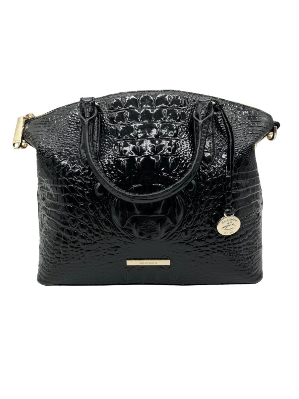 Brahmin Black Croc-Embossed Leather Convertible Satchel